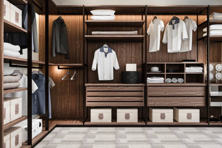 3d rendering minimal scandinavian wood walk in closet with wardrobe